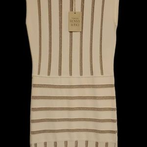 Torn by Ronny Kobo Beth Ivory Cream Sleeveless Gold Metallic-Stripe Dress